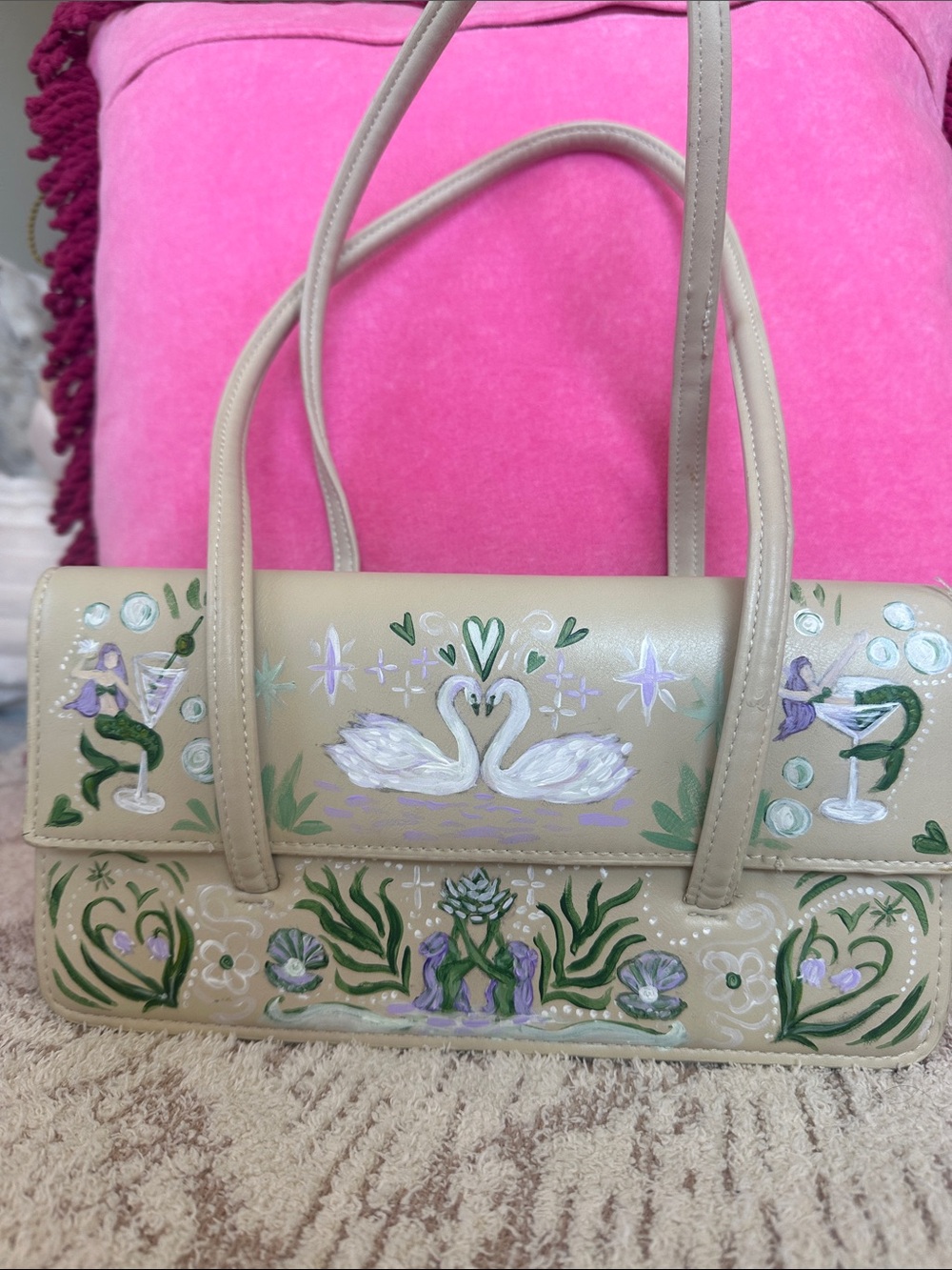 Mermaid Swan Art Bag Vintage MNG Hand Painted Vegan Leather - Picture 4 of 16